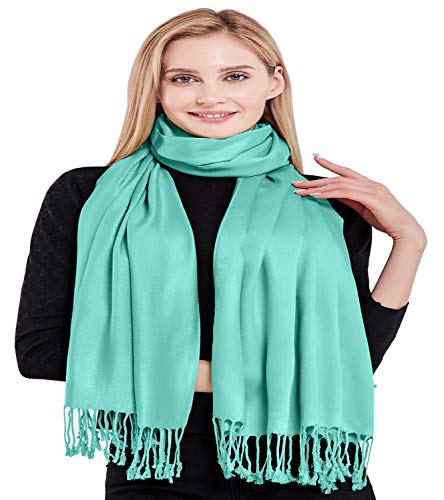 CJ Apparel Solid Color Tassels Design Nepalese Shawl Scarf Wrap Stole Throw Head Wrap Pashmina Gift Hand Made in Nepal New - color: Cyan