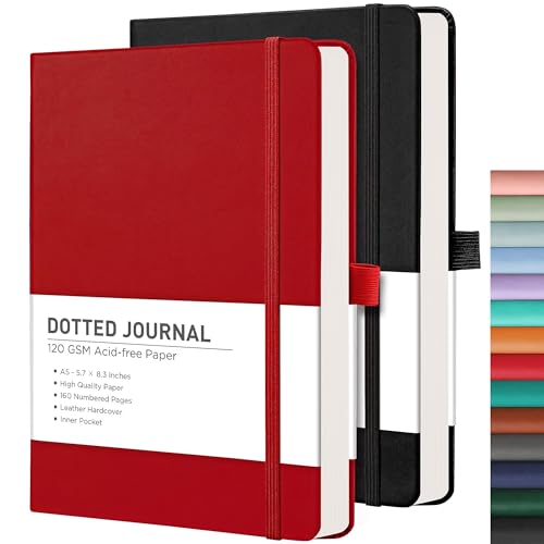 RETTACY Dotted Journal Notebook, 2-Pack, 160 Numbered Pages per Pack, A5 Medium Size (5.7'' x 8.3''), 120 GSM Thick Paper, Leather Hardcover, for Journaling, Planning, Tracking (Black & Red) - color: Black & Red, style: Dotted