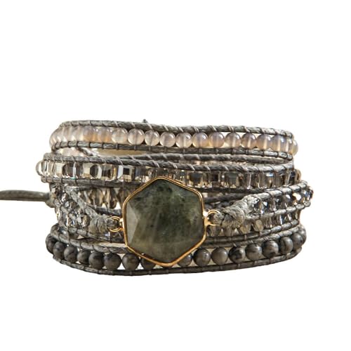 Handmade Boho Wrap Bracelets Natural Turquoise Crystal Stone Variety Beaded Strand Bracelet - color: Labradorite #2