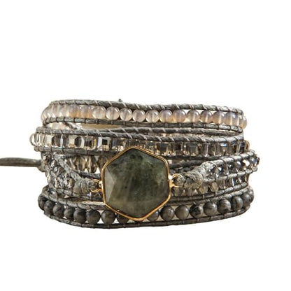 Handmade Boho Wrap Bracelets Natural Turquoise Crystal Stone Variety Beaded Strand Bracelet - color: Labradorite #2