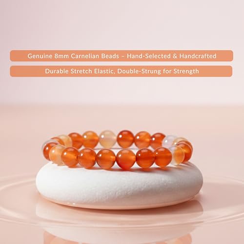 Cherry Tree Collection Tigers Eye Bracelets Plus Over 40 Other Stones – Gemstone Beads for Men & Women, Promotes Protection, Courage, Focus, Balance & Luck – Available in S, M, L with 8mm Round Beads - color: Carnelian, size: Medium