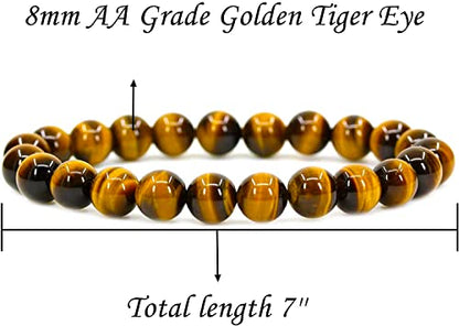 Angelstones Handmade Natural Healing Gemstone 8mm Round Beads Stretch Crystal Bracelet 7 Inch Unisex - color: Golden Tiger Eye