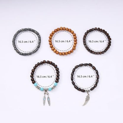 MILAKOO Mens Beaded Bracelets Tribal Wooden Elastic Adjustable Prayer Beads Wrap Cuff for Women - color: K: 5pcs