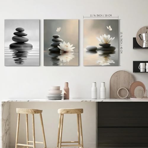 Lotus Wall Art Zen Stones in The Water Bathroom Calming Meditation Butterfly Framed Breathe Spiritual Canvas for Bathroom Living Room Yoga, Set of 3, 12x16 Inch - Ready to Hang - color: Lotus and Stones, size: 12" x 16"x3