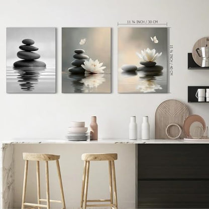 Lotus Wall Art Zen Stones in The Water Bathroom Calming Meditation Butterfly Framed Breathe Spiritual Canvas for Bathroom Living Room Yoga, Set of 3, 12x16 Inch - Ready to Hang - color: Lotus and Stones, size: 12" x 16"x3
