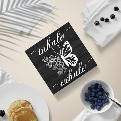 Inhale Exhale Funny Butterflies Wooden Sign Desk Decor for Home Office Farmhouse Bedroom, Yoga Spa Room Decor, Meditation Gifts for Women Boss Leader Supervisor Coworkers Family Friend BFF - style: Traditional