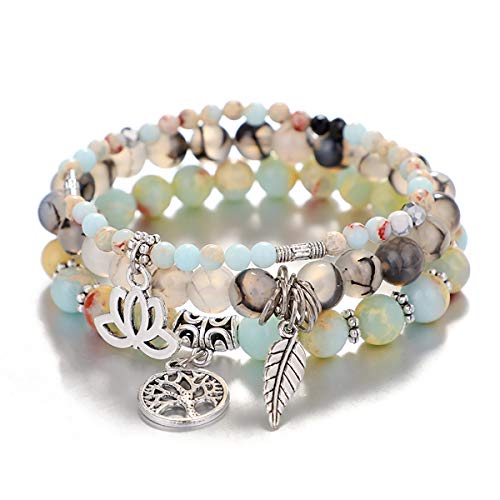 Tree of Life Yoga Healing Stone Bracelets,Multilayer Lotus Chakra Stone Reiki Bracelet Sets,Anxiety Crystal Natural Stone,for Women Stress Relief - style: Light cyan + Dragon pattern Stone