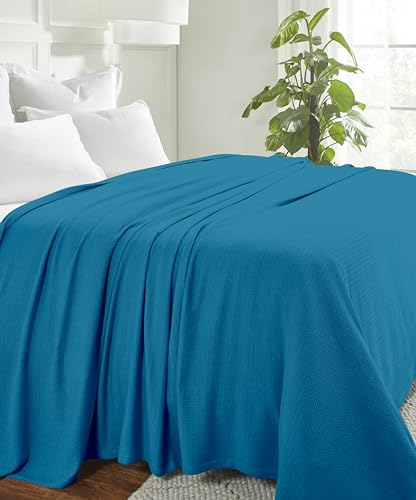 Superior Waffle Weave Cotton Blanket, for Picnic, Beach, Traveling or Camping, Comfy Blanket, Bedroom Decor, Essentials, Cover for Bed, Couch, Lounging, Honeycomb Knit, Throw, Azure