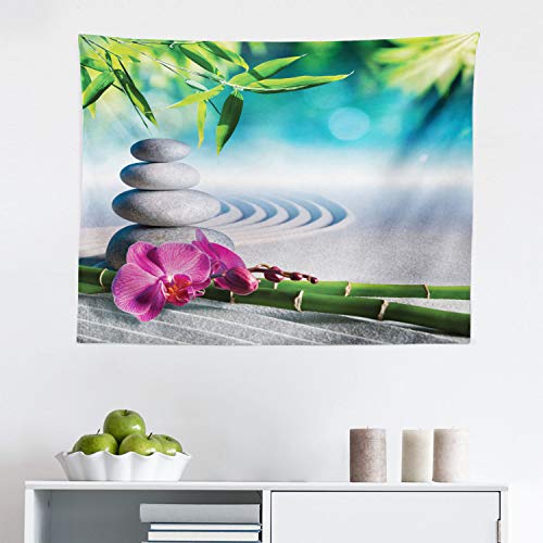 Ambesonne Spa Tapestry, Sand Orchid and Massage Stones in Garden Sunny Day Meditation Yoga, Fabric Wall Hanging Decor for Bedroom Living Room Dorm, 28" X 23", Blue Fern Green Fuchsia
