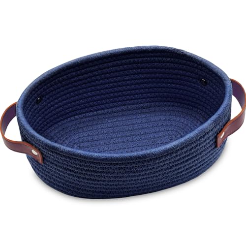 ABenkle Small Woven Basket with Handles, Mini Rope Storage Basket, Tiny Cute Shelf Baskets, Oval Decorative Toys Bin for Nursery, Living Room, Empty Gift Basket, 9.4" x 5.9" x 3.9" - XS - color: Navy Blue