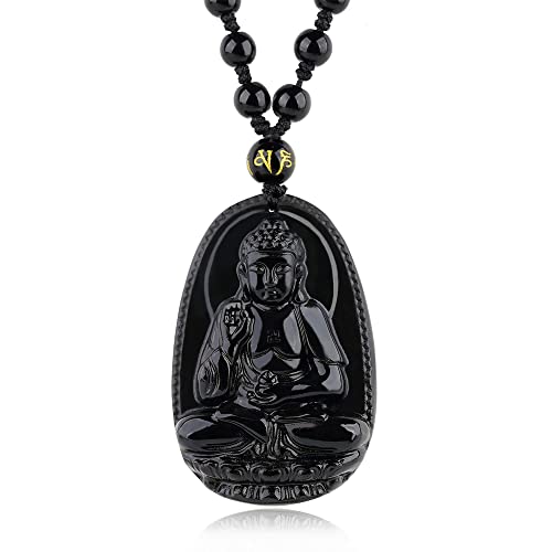 Black Obsidian Necklace Natural Crystal Amulet Protection Pendant with Adjustable Rope Lucky Talisman Necklaces Jewelry Gift for Men Women - color: BuddhaC