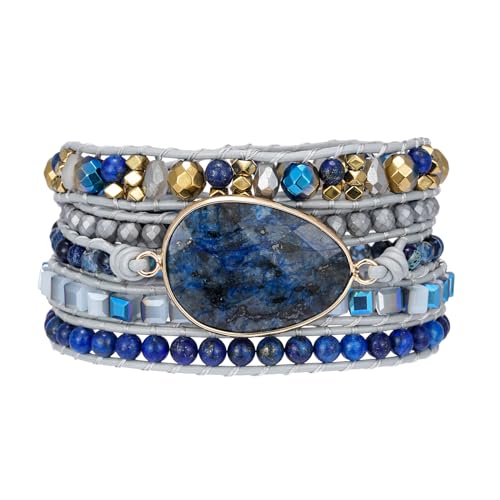 Women Boho Handmade Natural Stone Crystal Leather Bead Wrap Bracelets Collection - style: Blue Labradorite 5W