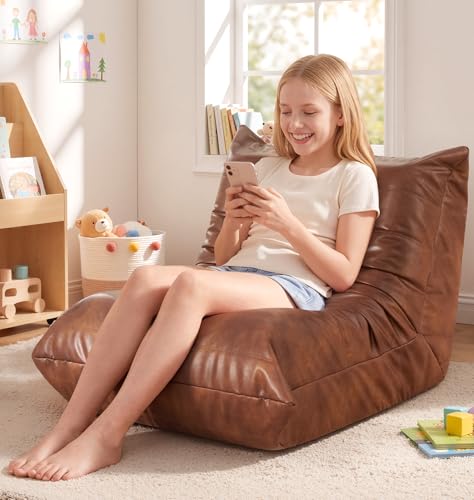 Hobestluk Small Bean Bag Chair Lazy Floor Sofa Bean Bags with Memory Foam Filled Leather Beanbag Lounge Sofa Armless Chair for Bedroom Playroom and Reading Nook Dorm Waterproof (Brown, Medium) - color: Brown, size: Medium