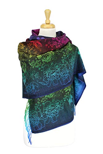 PASKMLNA Double Side Multi Colors Silky Tropical Colorful Exotic Pashmina Wrap Shawl Scarf Rave - color: 051-navy Multi Feathers