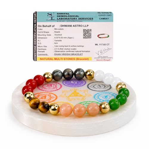 Natural Healing Dhan Yog Bracelets For Men & Women Certified Gemstone 8mm Beads for Money Magnet & Wealth Attraction, Prosperity, Success, Protection, Luck, Stress Relief & Emotional Balance DhanYog Bracelet - color: Dhan Vriddhi + 7 Chakra Selenite Plate