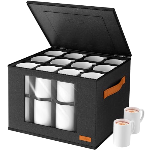 2-Layer Coffee Mug Storage Box with Dividers, Coffee Cup Storage Organizer with Zipper Lid and Handles, Stackable Mug and Cup organizer Service for 24 Coffee Mugs, Cups and Glasses, Dark Grey - color: DARK GRAY, style: Coffee Mug Storage