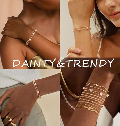 KOHOTA Silver Gold Bracelets for Women Trendy 14K Gold Plated Bracelet for Women Non Tarnish Dainty Stackable Layered Chain Heart Pearl Knot Beaded Bracelets Stack Set Charm Mothers Day Jewelry Gifts - color: B.Pearl-gold