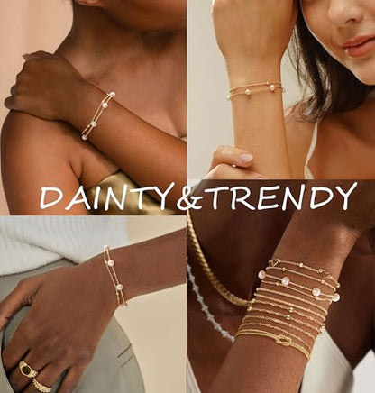 KOHOTA Silver Gold Bracelets for Women Trendy 14K Gold Plated Bracelet for Women Non Tarnish Dainty Stackable Layered Chain Heart Pearl Knot Beaded Bracelets Stack Set Charm Mothers Day Jewelry Gifts - color: B.Pearl-gold