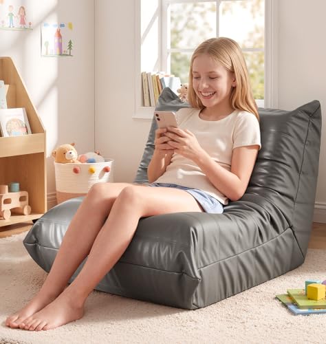 Hobestluk Small Bean Bag Chair Leather Beanbag Lazy Floor Sofa Bean Bags with Memory Foam Filled Waterproof Lounge Sofa Armless Chair for Bedroom Playroom Dorm and Reading (Grey, Medium) - color: Grey, size: Medium