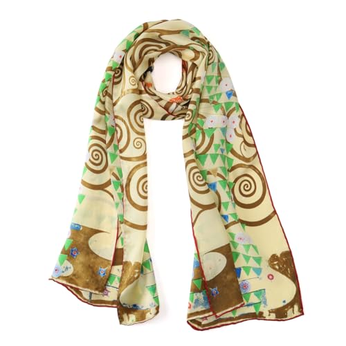 JWSilk Long Charmeuse Silk Scarf Classic Art Print - color: Tree of Life By Gustav Klimt Taupe