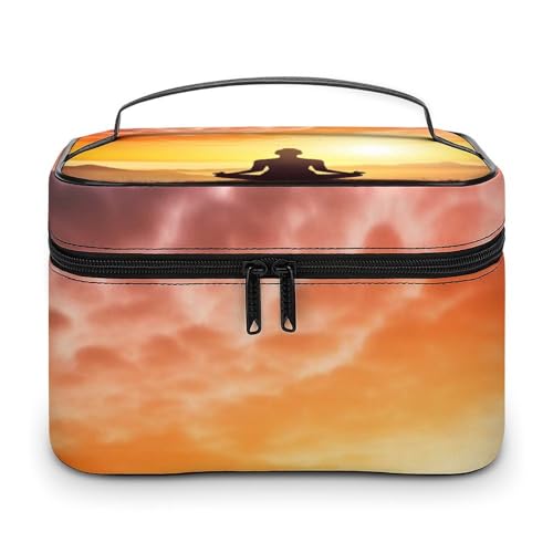 Makeup Bag Yoga Meditation Printed Large Capacity Travel Make Up Bag for Cosmetics Vertical Storage Water-Resistant Leather Toiletry Organizer Skincare Makeup Organizer Bag