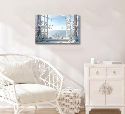Coastal Flower Bathroom Canvas Wall Art Farmhouse Cotton Bouquet and Butterfly Bathroom on Window Wall Decor Rustic Blue Beach Butterfly Poster Print for Living Room Bedroom Restroom Home Decoration - size: 24"L x 16"W