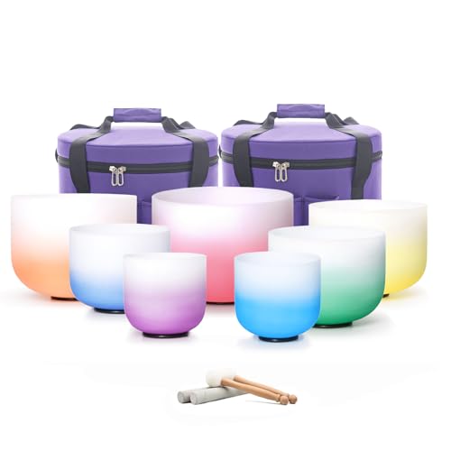 Hye-eun Crystal Singing Bowl Set 432hz,7-12 Inch Gradient Colored Quartz Singing Meditation Sound Bowls Set of 7pcs with Carrying Case for Yoga Sound Healing - color: 7-12inch 432hz Gradient 7pcs