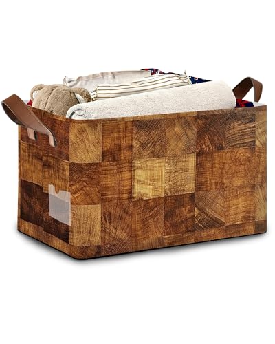 Vintage Wood Grain Storage Baskets,Barn Wooden Foldable Large Capacity Organizer Bins with Waterproof Lining and Leather Handles for Closet,Shelf,Bedroom 17x11.5x10Inch - color: Vintage Wood Grain Barn Wooden
