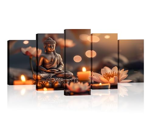 Buddha Wall Art for Living Room Large 5 Piece Zen Picture Candle & Lotus Canvas Prints Meditative Artwork for Spiritual Yoga Room Home Decor Framed Ready to Hang - 10x16inx2 10x20inx2 10x24inx1 - color: Picture-9, size: 50x24 inch