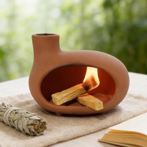 MOUGIGI Handmade Terracotta Orange-red Palo Santo Holder - Mini Chiminea Incense Burner Chimney for Palo Santo Sticks, Sage & Cones - Smudge Bowl for Energy Cleansing,Meditation & Aromatherapy Gifts - color: Matte Clay -Orange Red