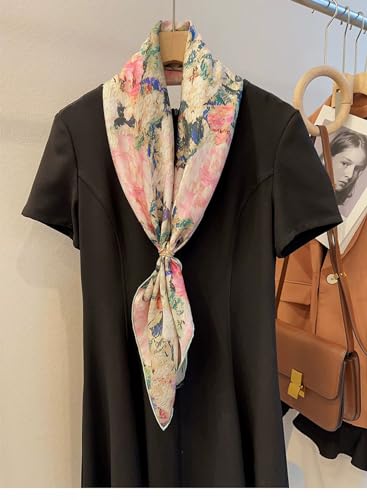 ANDANTINO 100% Pure Mulberry Silk Scarf 35" Large Square Lightweight Headscarf –Women’s Hair Wraps-With Gift Packed - color: Pink&green-twill