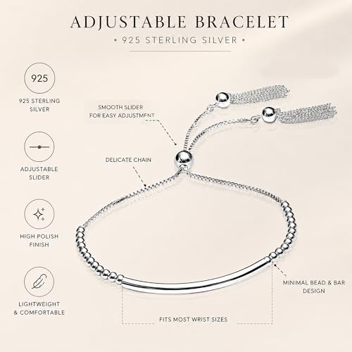 LeCalla 925 Sterling Silver Bracelets for Women | Italian Handmade Adjustable Sliding Bolo Bracelet Jewelry | Lightweight Adjustable Silver Chain Bracelet for Women | Hypoallergenic Jewelry Gifts - style: Curved Bar Beaded