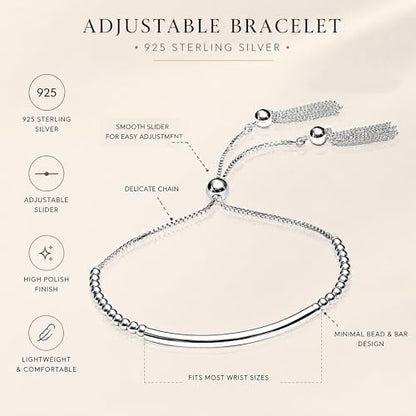 LeCalla 925 Sterling Silver Bracelets for Women | Italian Handmade Adjustable Sliding Bolo Bracelet Jewelry | Lightweight Adjustable Silver Chain Bracelet for Women | Hypoallergenic Jewelry Gifts - style: Curved Bar Beaded