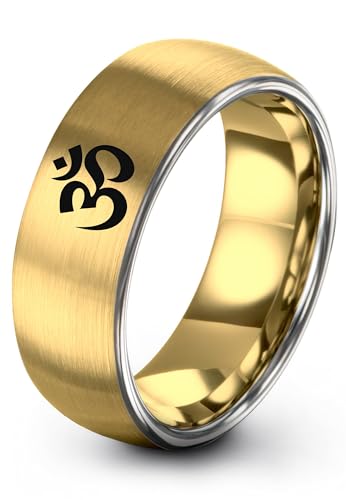 Yoga Om Symbol Ring - Gift for Meditation Fan - Personalized Custom Engraving - Anniversary Wedding - 8mm - Band - Brushed Polished - Tungsten - Flat Dome Bevel - Men Women - Yellow Rose Gold Silver - color: 05 - Yellow Gold Grey Tungsten