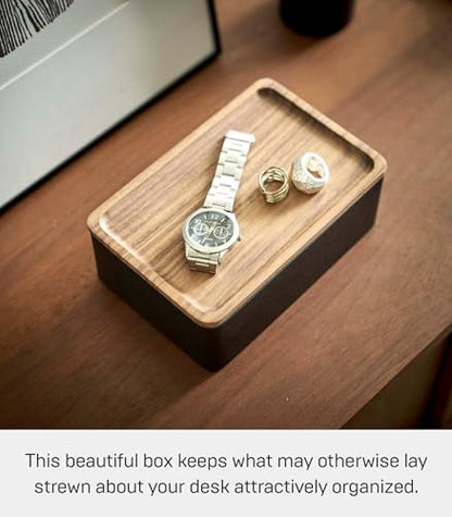 YAMAZAKI Home Rin Accessory Box With Wooden Lid For Jewelry, Watches, Or Sunglasses - Polystone - color: Walnut