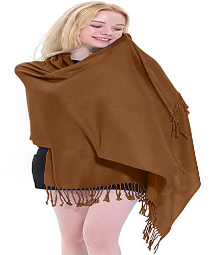 CJ Apparel Solid Color Tassels Design Nepalese Shawl Scarf Wrap Stole Throw Head Wrap Pashmina Gift Hand Made in Nepal New - color: Brown Mix