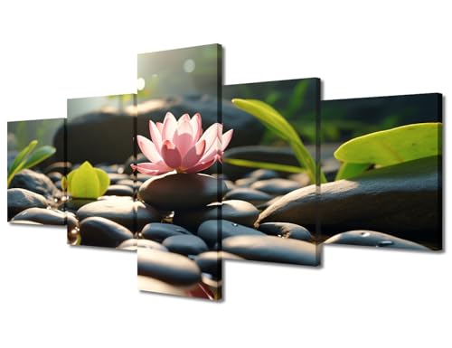 TUMOVO Room Wall Pictures Water Lily and Zen Stone Wall Art Paintings Zen Artwork Giclee 5 Pieces Prints on Canvas Bedroom Home Modern Decor Framed Ready to Hang, 50" Wx24 H - color: Artwork-12, size: 50"Wx24"H