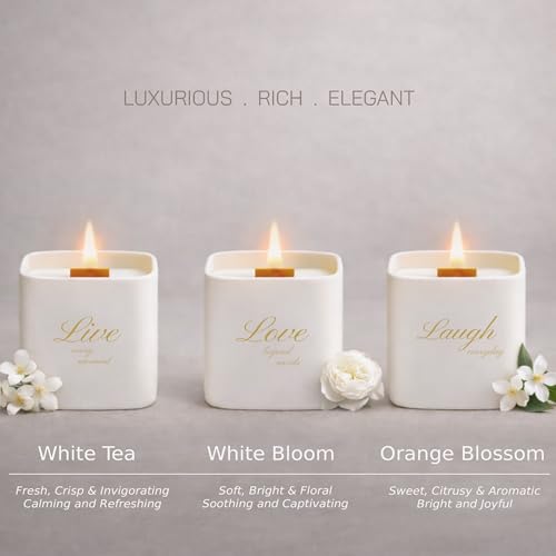 Set of 3 Premium Scented Soy Candles Gift Set | One Life Collection - Orange Blossom, White Tea & White Bloom | Crackling Wood Wick | Luxury Candle Set for Relaxation, Home Décor & Gifts | 9.8oz Each