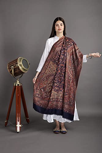 Exotic India Reversible Jamawar Shawl with Woven Paisleys - Wool - color: Medieval Blue
