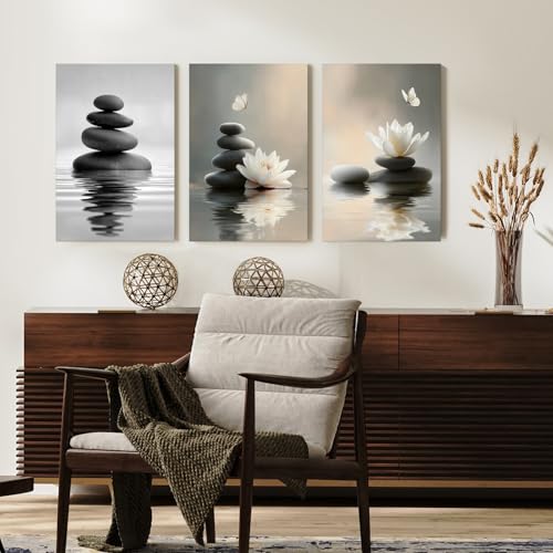 Lotus Wall Art Zen Stones in The Water Bathroom Calming Meditation Butterfly Framed Breathe Spiritual Canvas for Bathroom Living Room Yoga, Set of 3, 12x16 Inch - Ready to Hang - color: Lotus and Stones, size: 12" x 16"x3