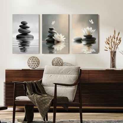 Lotus Wall Art Zen Stones in The Water Bathroom Calming Meditation Butterfly Framed Breathe Spiritual Canvas for Bathroom Living Room Yoga, Set of 3, 12x16 Inch - Ready to Hang - color: Lotus and Stones, size: 12" x 16"x3
