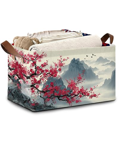 Cherry Blossom Collapsible Storage Box,Moutain Japan Organizer Bin with Handles for Room Decoration,Bins Book Basket Box 17x11.5x10Inch - color: Cherry Blossom Moutain Japan