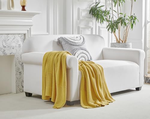 Longhui bedding 100% Cotton Chunky Cable Knit Throw Blanket for Sofa Couch Bed Baby Nursery, Farmhouse Chessboard Grid Woven Blanket with Bonus Laundering Bag, 51 x 63 Inches, Mustard Yellow - color: Mustard Yellow, size: 51” x 63”