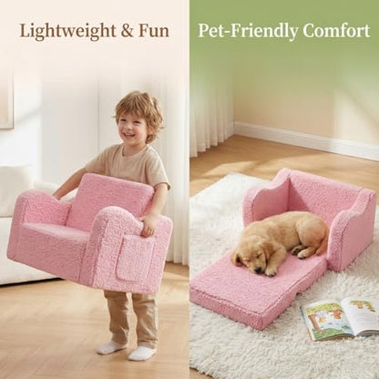 MOMCAYWEX Kids Sofa, 2-in-1 Flip-Out Foam Couch with Soft Sherpa Cover, Cozy Play Lounge Chair, Pink - color: Pink, size: Medium