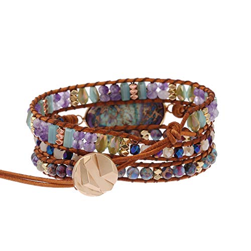 Women Boho Handmade Natural Stone Crystal Leather Bead Wrap Bracelets Collection - style: Blue Purple 3W