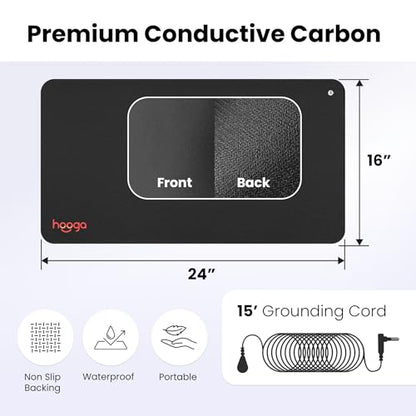 hooga Grounding Mat for Feet, Desk & Floor | Sleep, Stress Relief & Muscle Relaxation | 24"x16" Conductive Carbon Pad | 15 Ft Cord | Non-Slip Rubber Backing | Indoor Grounding Mat