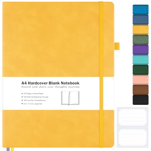 Blank Notebook, Hardcover Sketch Book, 8.5" x 11" Large Blank Journal, No Bleed Thick Paper Sketchbook for Drawing, Unlined Notebook Journal for Women Men, A4 Leather Sketchbook, Lay Flat, Yellow - color: Yellow
