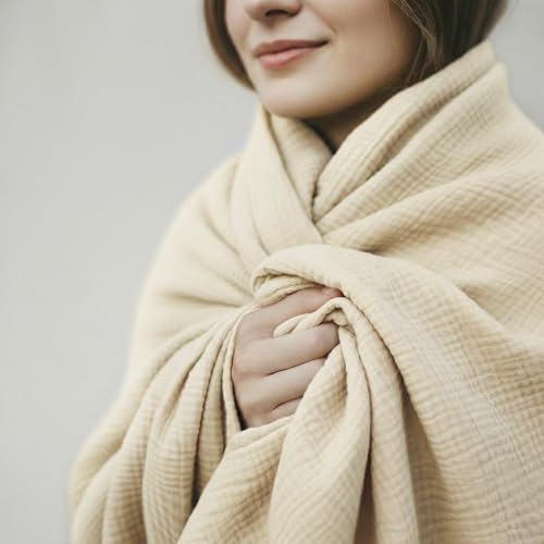 4-Layer Muslin Cotton Bed Blanket Twin Size (66 x 90 inches) – Soft, Breathable, Lightweight All-Season Gauze Blanket, Machine Washable – Beige - color: Beige, size: Twin (66 x 90 inches)