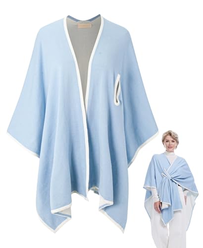 MissShorthair Knit Shawl Wraps for Women Boho Crochet Shawls Cape Open Front Cardigan - color: Sky Blue & Creme
