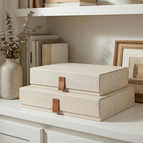 Decorative Photo Storage Boxes with Lids - Set of 2 Beautiful Linen Organizers Are Perfect to Safely Store Your Pictures, Documents, Scrapbooking Supplies, Keepsakes and Other Memories in Style - color: Ivory